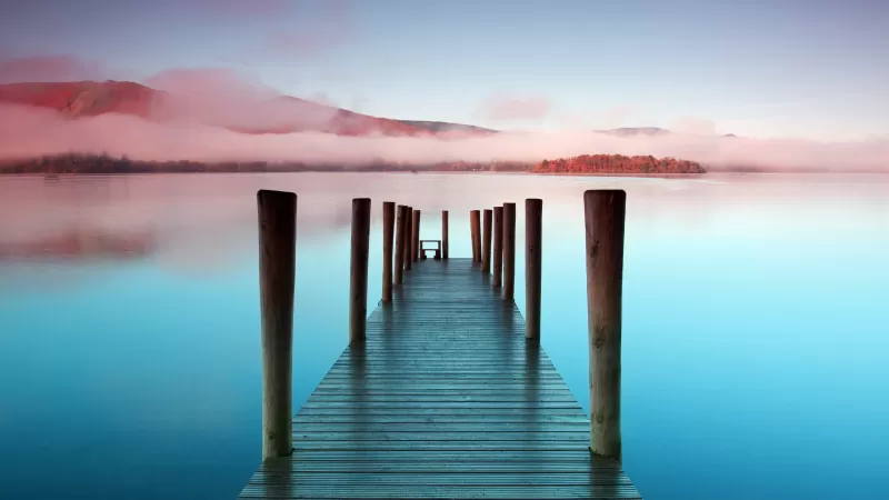 Wooden pier, Sunrise, Morning, Seascape, River, Lake, Scenic, Mist, 5K