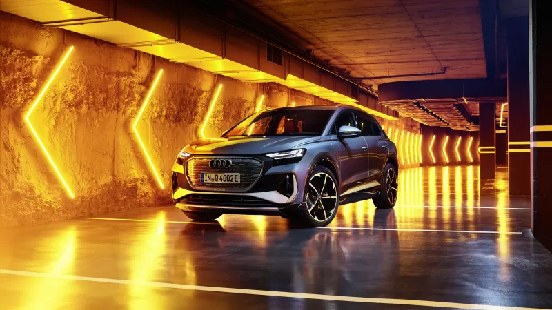 Audi Q4 50 e-tron wallpaper, Electric SUV, Neon yellow tunnel, 2021