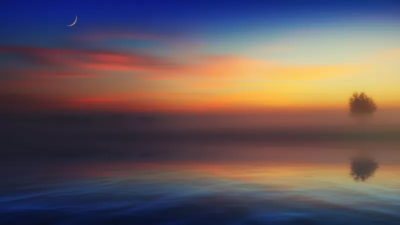 Misty river, Crescent moon, Colorful dawn, 5K wallpaper