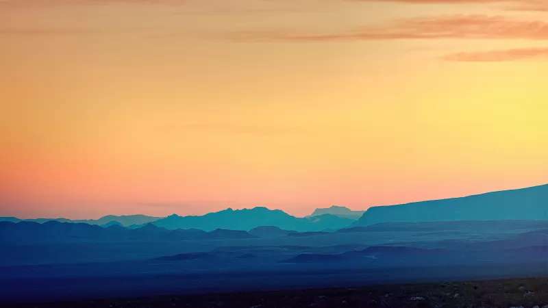 Mountain silhouettes, Orange evening sky, Dusk, 4K wallpaper