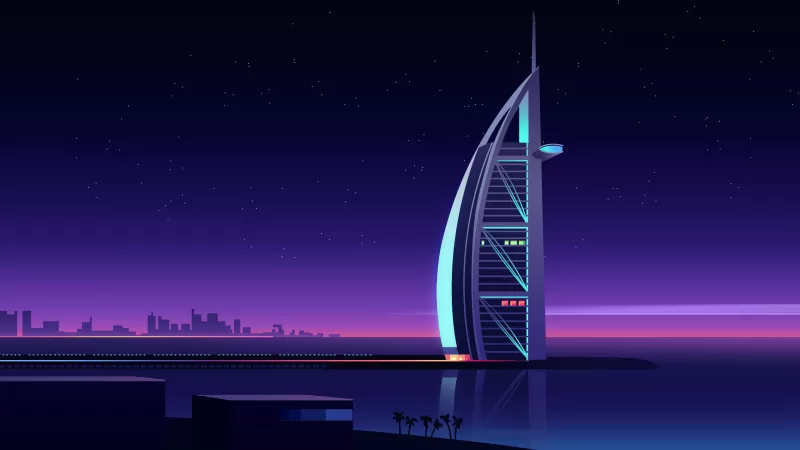 Burj Al Arab, Luxury Hotel, Night, Cityscape, Illustration, Dubai