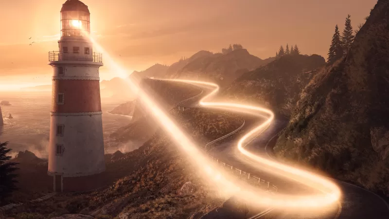 Lighthouse, Road, Coastline, Sunset, Light, Surreal