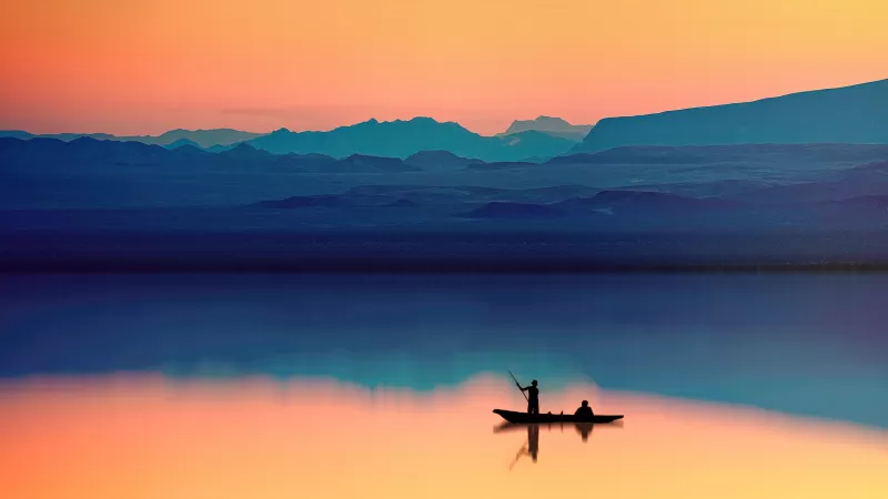Boat silhouette, Lake at dusk, Orange sky reflection, 4K wallpaper