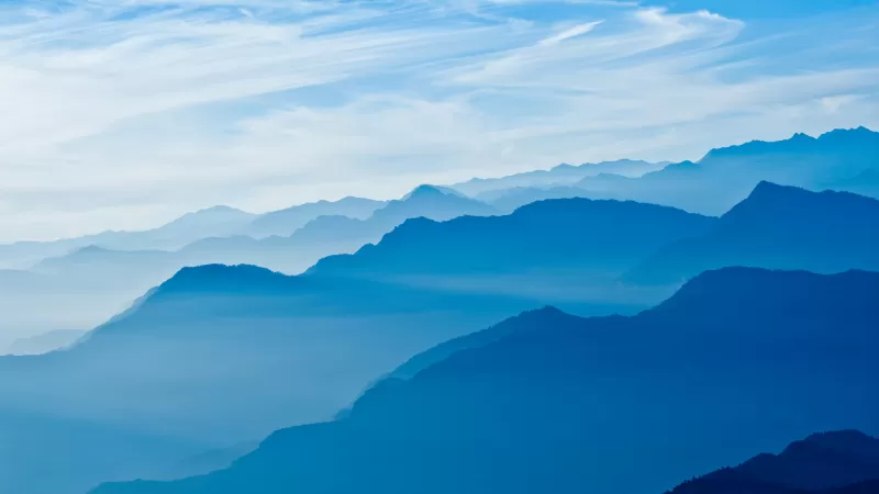 Mountains, Blue Sky, Mountain range, Fog, Peak
