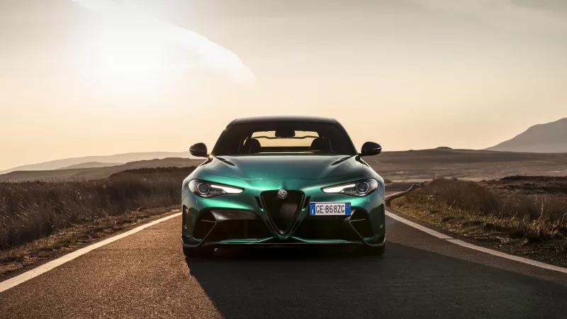 Alfa Romeo Giulia GTAm wallpaper, Green sedan, Open road, Sunset, 2021