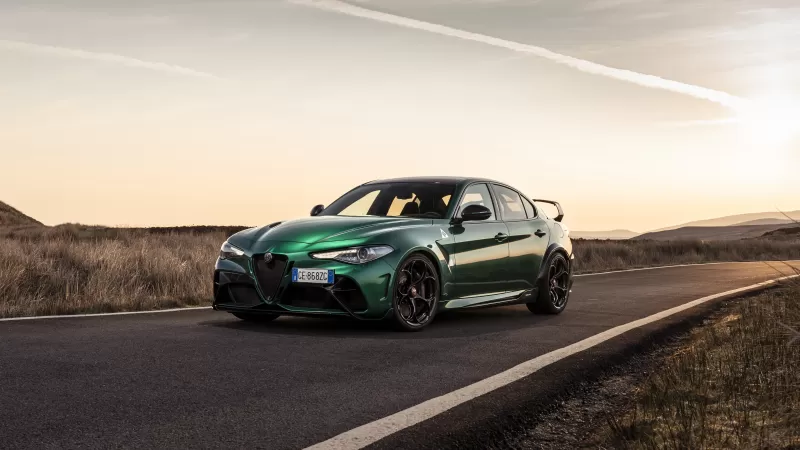Alfa Romeo Giulia GTAm, Green super saloon, Rear wing, Moorland road, 5K wallpaper