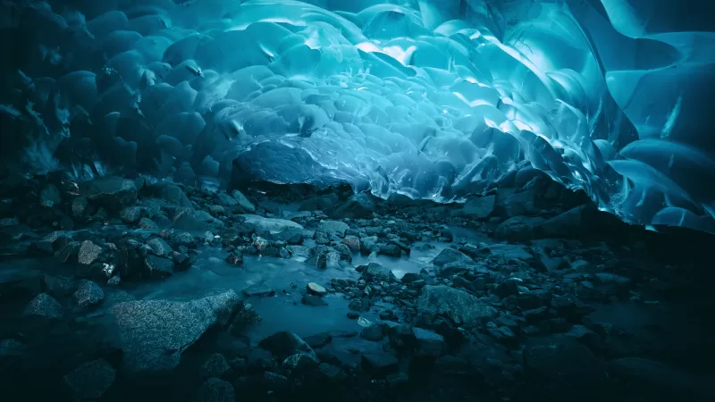 Ice caves, Frozen, Glacier, Mendenhall Glacier, Underwater, Turquoise, Alaska, 5K, 8K