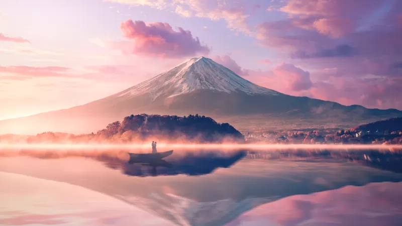 Mount Fuji, Volcano, Japan, River, Reflection, Boat, Couple, 5K