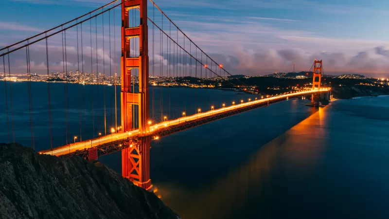 Golden Gate Bridge, San Francisco, Evening, Lights, California, Sunset, 5K
