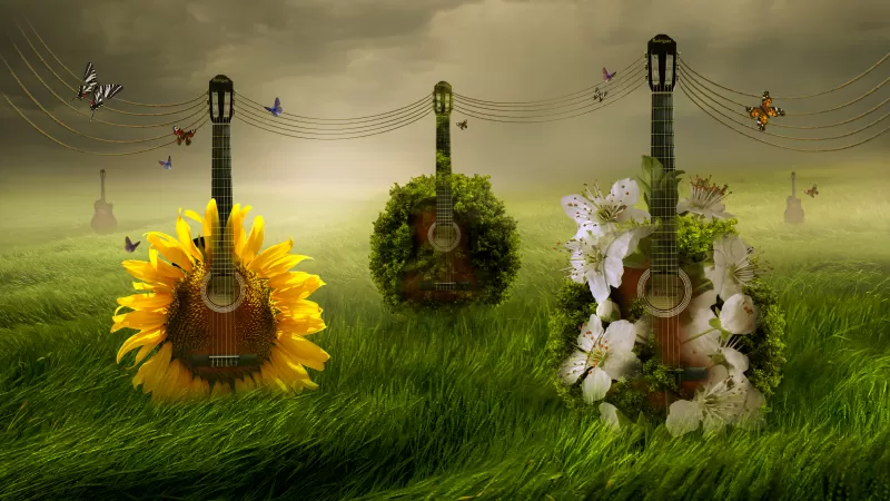 Guitars, Green Grass, Foggy, Floral, Surreal, 5K