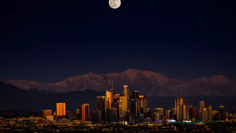 Los Angeles, Downtown, Cityscape, Night, Full moon, Dark, 5K, 8K