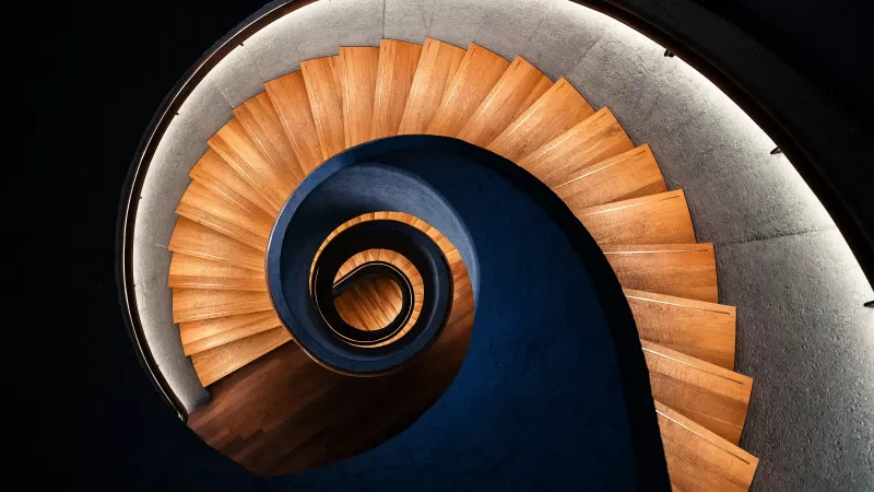 Spiral staircase, Wooden steps, Top-down view, 5K wallpaper
