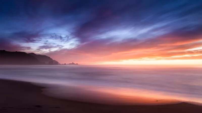 Beach, Sunset, Cloudy Sky, Long exposure, Horizon, Ocean, Shore, Seascape, 5K