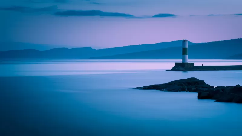 Grand Marais, Lighthouse, Coastline, Long exposure, Breakwaters, Mountains, Dusk, Landscape, 5K