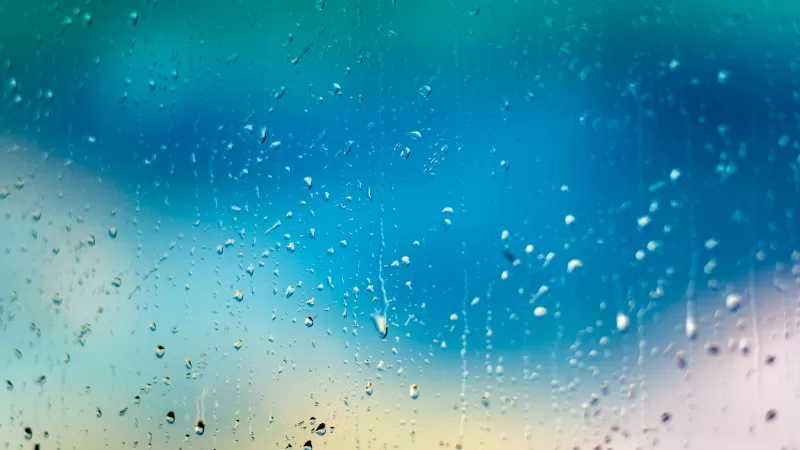 Raindrops on glass wallpaper, Blue bokeh, Rainy window