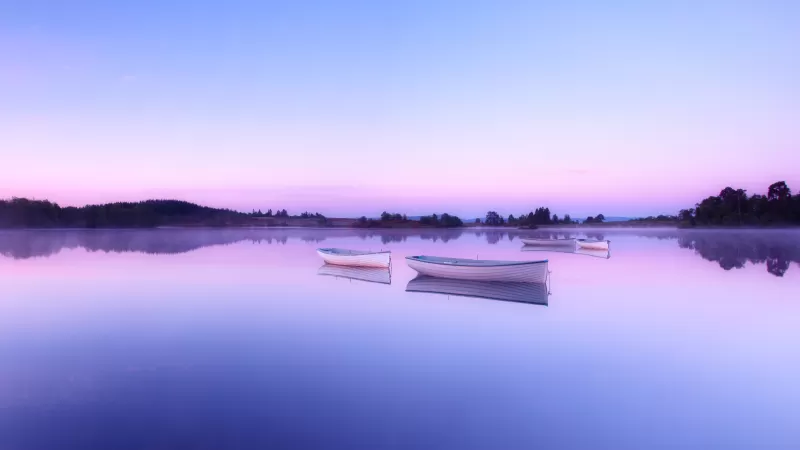 Loch Rusky, Scotland, Wee Boats, Early Morning, Mirror Lake, Reflection, Body of Water, Clear sky, 5K