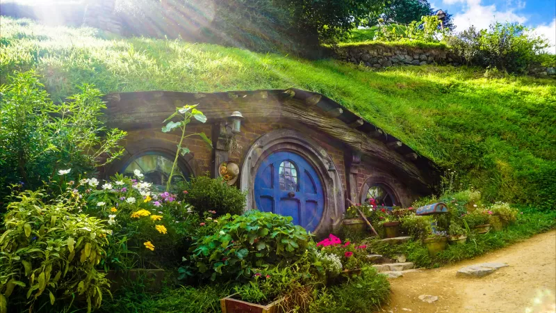 Hobbiton Movie Set, New Zealand, The Lord of the Rings, Hobbit film, Green House, Beautiful, Sun rays, Greenery, 5K