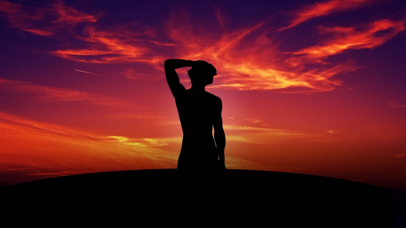 Man silhouette, Red sunset sky, Dramatic clouds, 4K wallpaper