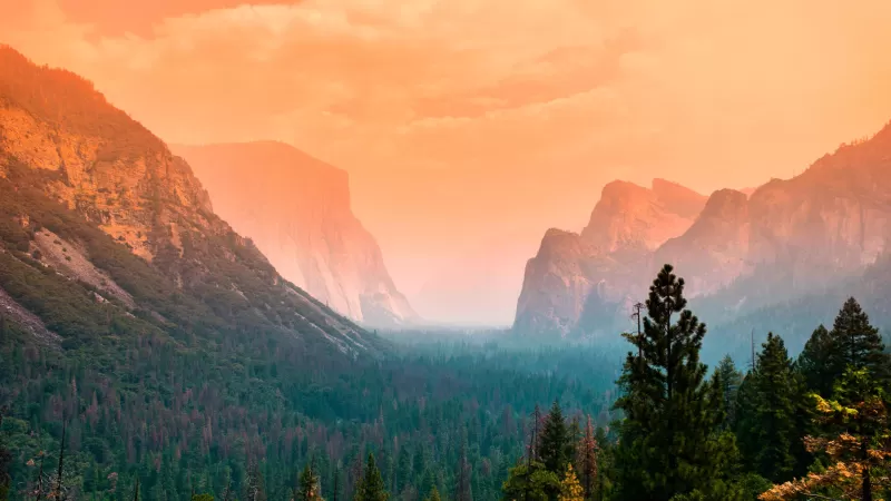 Yosemite Valley, Summer, Green Trees, Orange sky, Cliffs, Mountains, Foggy, Sunset