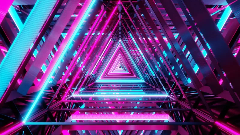 Neon Triangle, Vanishing point, Pattern, Purple, Shape, Geometrical, 5K, 8K