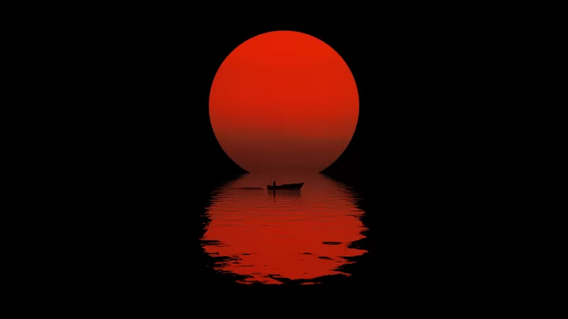 Sun, Boat, Reflection, Night, Silhouette, Dark, Body of Water, AMOLED, 5K, 8K