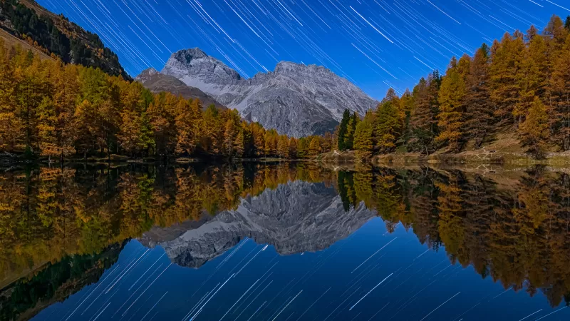 Lai da Palpuogna star trails, Albula Pass, Golden larches, 4K wallpaper