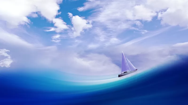 Sailing ship, Illusion, Sea, Cloudy Sky, Blue Ocean, Surreal, 5K
