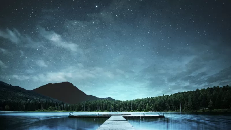 Jetty, Lake, Night sky, Landscape, 5K, 8K