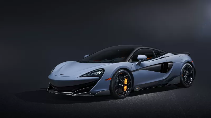 McLaren 600LT wallpaper, Blue-grey supercar, Dark studio, 4K