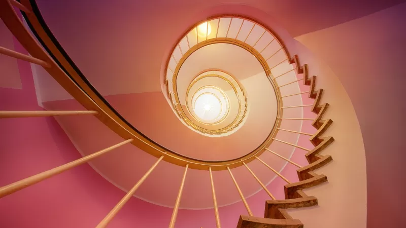 Spiral staircase, Pink aesthetic, Looking up, 5K wallpaper