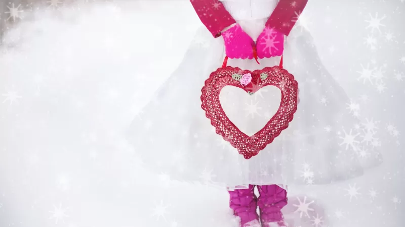 Valentine, Girl, Red heart, Love heart, Romantic, Valentine's Day, Girly, Snow, Winter, 5K