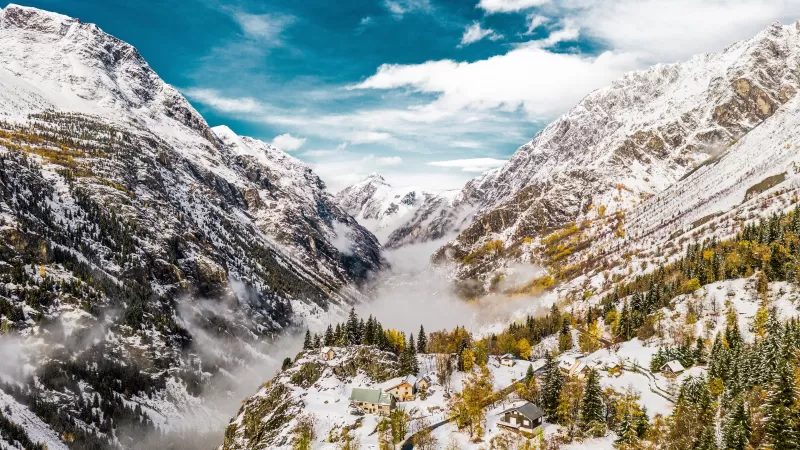 Saint Christophe en Oisans, France, Glacier mountains, Snow covered, Valley, Foggy, Landscape, Scenery, 5K