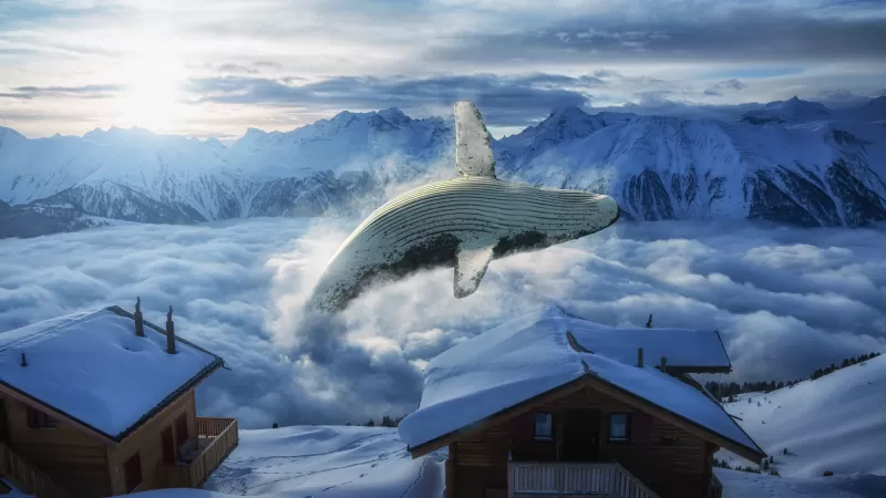 Whale, Mountain range, Snow covered, Wooden House, Clouds, Digital Art, Foggy, Sunny day