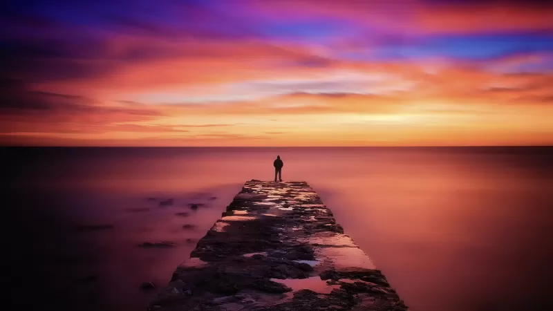 Lone figure on jetty, Vivid sunset, Long exposure, 4K wallpaper