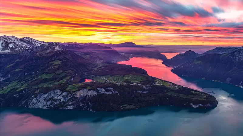 Fronalpstock sunset wallpaper, Lake Lucerne, Fiery sky