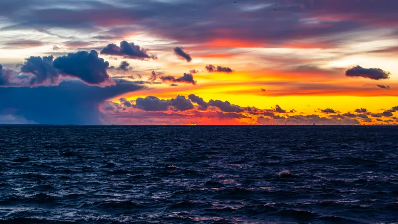 Seascape, Sunset, Ocean view, Cloudy Sky, Dusk, Horizon, 5K