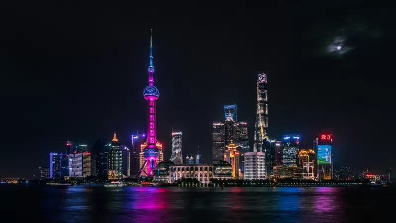 Shanghai City, Skyline, Night time, Cityscape, City lights, Body of Water, Reflection, Dark Sky, Skyscrapers, 5K
