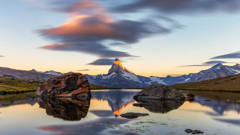 Matterhorn and Stellisee, Lenticular clouds, Sunrise reflection, 4K wallpaper