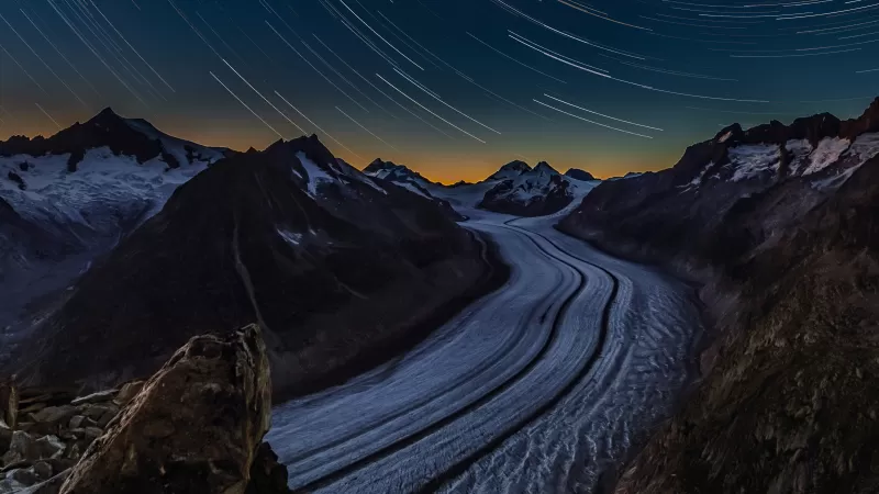 Aletsch Glacier, Star Trails, Night time, Switzerland, Long exposure, Glacier mountains, Landscape, 5K