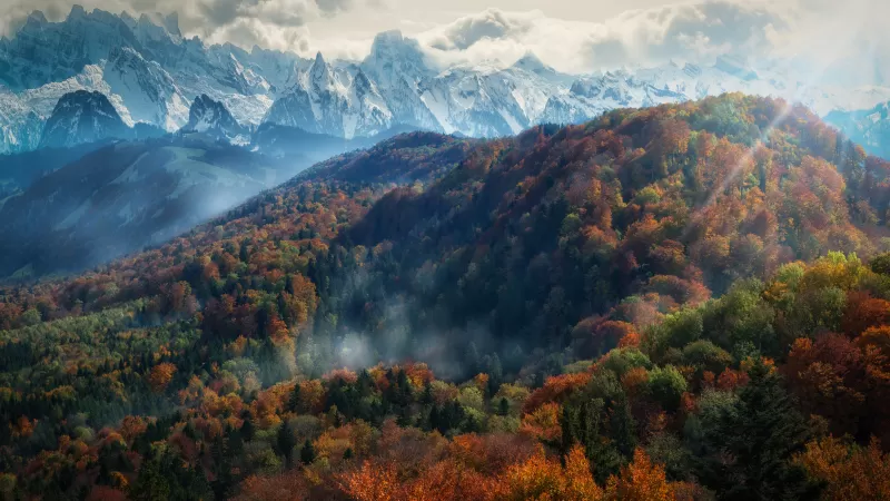 Alps mountains, Autumn, Snow covered, Mountain range, Europe, Cloudy, Landscape, Scenery, Day time, 5K