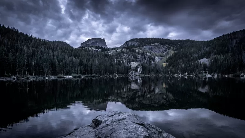 Bear Lake, Rocky Mountain National Park, Mountain View, Cloudy Sky, Reflection, Body of Water, Landscape, Scenery, 5K