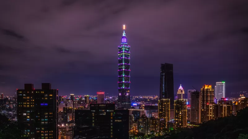 Taipei 101, Taipei skyline at night, Purple sky, 5K wallpaper