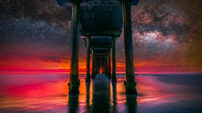 Scripps Pier, La Jolla, United States, Milky Way, Starry sky, Underneath, Body of Water, Reflection, Tourist attraction, Landscape, Scenic, 5K, 8K