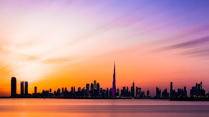 Dubai City, Burj Khalifa, Skyline, Silhouette, Cityscape, Dusk, Sunset, Long exposure, Skyscrapers
