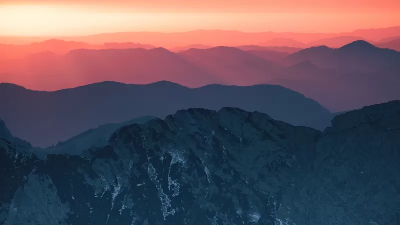 Mountain range, Sunset, Dusk, Landscape, Scenery, 5K