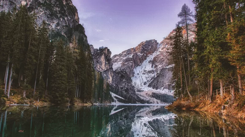 Lakeside, Mountain View, Snow covered, Purple sky, Reflection, Tall Trees, Landscape, Scenery, 5K