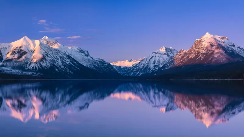McDonald Lake, Glacier National Park, Snow covered, Mountain range, Reflection, Landscape, Scenery, Body of Water, Panoramic, 5K