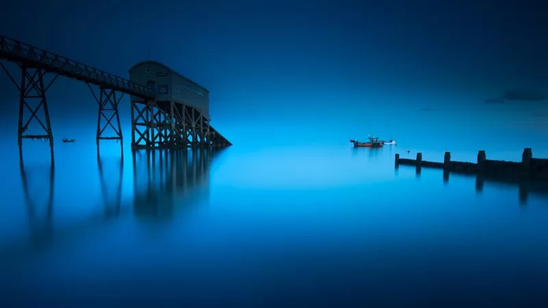Selsey Lifeboat Station, England, Seascape, Blue background, Moonlight, Pier, Long exposure, Reflection, 5K