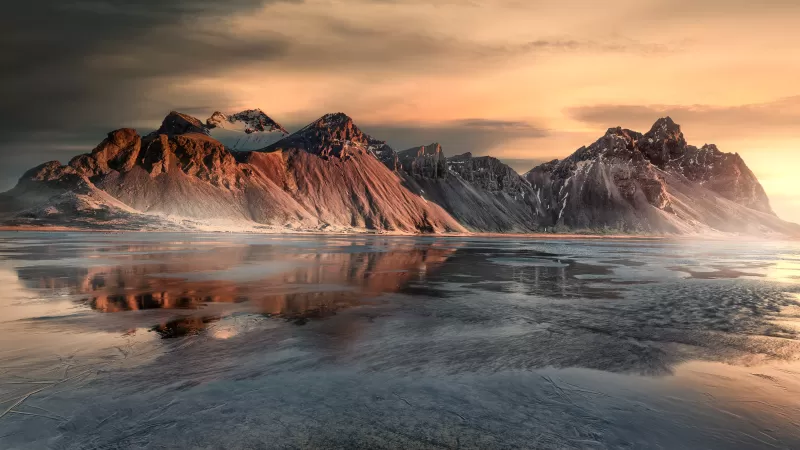 Vestrahorn, Sunrise, Snow covered, Mist, Iceland, Frozen, Winter, Mountain range, Landscape, Scenery, 5K