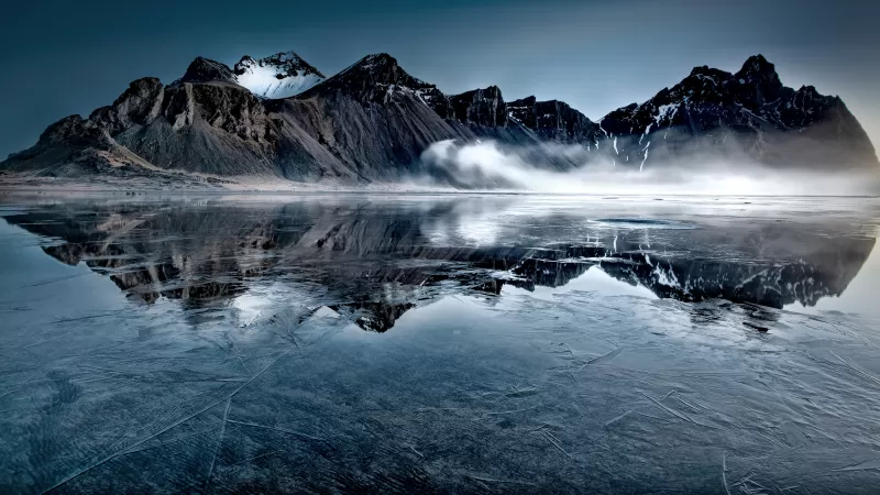 Vestrahorn, Iceland, Frozen lake, Mountain Peak, Mist, Winter, Reflection, Landscape, Scenery, 5K